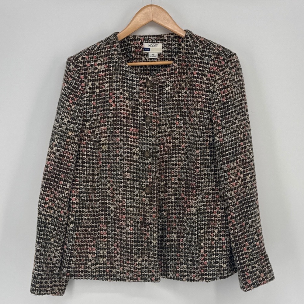 Koret Petite Women Blazer 12P Multi-Color Bouclé Tweed Metallic Button Front